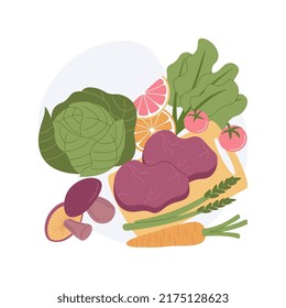 Flexitarian meal plan isolated cartoon vector illustrations. Flexitarian diet plan, variety of food at the table, fresh fruits and vegetables, raw meat, healthy nutrition vector cartoon.