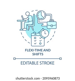 Flexi-time and shifts turquoise concept icon. Comfortable schedule abstract idea thin line illustration. Isolated outline drawing. Editable stroke. Roboto-Medium, Myriad Pro-Bold fonts used