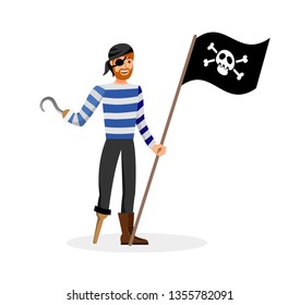 Flibustier Holding Black Flag Vector Illustration. Bearded Sailor in Striped T shirt and Bandana Cartoon Character. Happy Pirate with Hand Hook and Jolly Roger. Costume Party, Cosplay Model