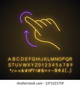 Flick up gesture neon light icon. Touchscreen gesturing. Human hand and fingers. Tap, point, click. Using sensory devices. Glowing sign with alphabet, numbers and symbols. Vector isolated illustration