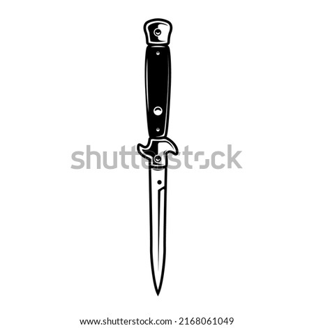 Flick knife. Design element for emblem, sign, badge, logo. Vector illustration
