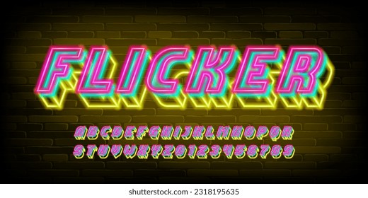 Flicker alphabet font. Neon glow 3d letters and numbers. Brick wall background. Stock vector typeface for your design.