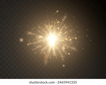 Estrella dorada parpadeante sobre un fondo transparente. El efecto de la luz solar brillante. Efecto de luz brillante para ilustraciones y diseño de Vector.	
