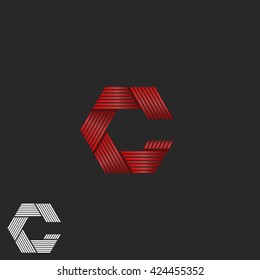 Flickering intersection lines letter C logo hipster monogram, shimmer red ribbon gradient graphic emblem for business card