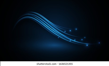 Flickering waves with light effect isolated on black background. Abstract motion. Neon glowing curves strewn with sparks in dark space