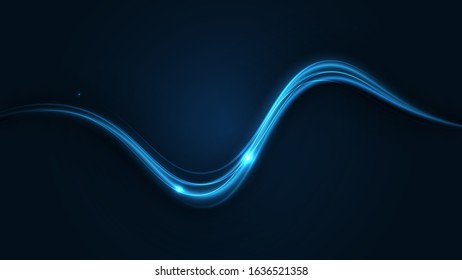 Flickering waves with light effect isolated on black background. Abstract motion. Neon glowing curves strewn with sparks in dark space