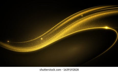 Flickering waves with light effect isolated on black background. Abstract motion. Neon glowing curves strewn with sparks in dark space