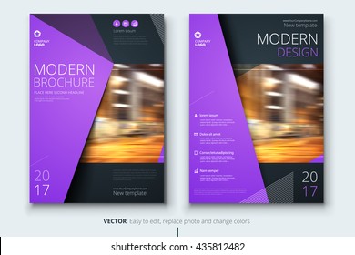Flier Design. Corporate Business Template For Brochure, Report, Catalog, Magazine. Layout With Modern Violet Elements And Urban Style Photo. Creative Poster, Booklet, Leaflet, Flyer Or Banner Concept