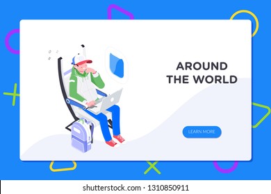 Flier traveler using onboard internet provided by airline.Man using laptop in cabin seat while traveling by airplane illustration