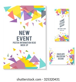 el folleto de los volantes y el diseño de sobres se burlan de la ilustración vectorial. diseño de invitación en papel de evento. plantilla de folleto