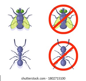 flies and ant on a white background. fight against domestic insects. flat vector illustration