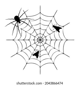 Flies caught in spiderweb. Black silhouettes of insects stuck to sticky web. Creepy spider slowly crawling towards vector victims