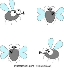 Flies Collection. Insect Fly, Vector Funny Cartoon Illustration. Flying Funny Fly Cartoon.