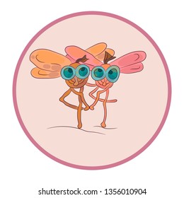  Flies are dancing. Funny friendly insects. Symbol.Emblem. Logo. Vector image.For kids
