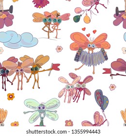 Flies. Funny insects with big eyes. Celebration. Seamless pattern. Vector image.For kids