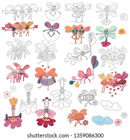 Flies. Funny insects with big eyes. Celebration. Vector image. Contour image
