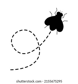 Flies icon. Fly insect silhouette flying on dotted route. Vector illustration isolated on white background.