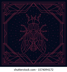 flies label with line art design art deco  frame illustration