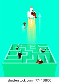 It flies out of the labyrinth on a rocket. Vector illustration