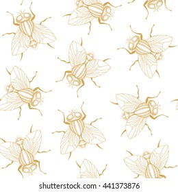 Flies pattern. Graphic vector golden and white seamless wallpapers.