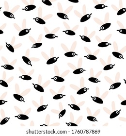 Flies seamless pattern. Funny simple hand-drawn characters in a comic cartoon style. Black insects with expressive eyes on a white background
