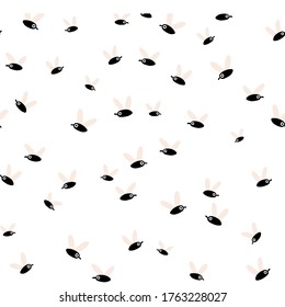 Flies seamless pattern. Funny simple hand-drawn characters in a comic cartoon style. Black insects with expressive eyes on a white background