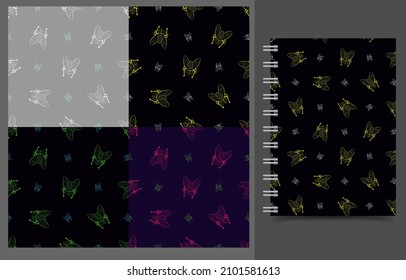 Flies seamless patterns set. Vector repeating background with colorful fly insects. Notebook cover template