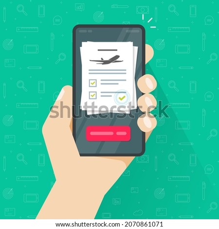 Flight abroad travel insurance online on phone vector or trip safety protection legal document on person man mobile cellphone flat cartoon illustration, airplane accident business care coverage doc