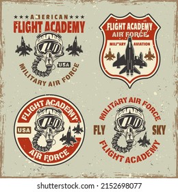 Flight academy set of vector emblems, badges, labels, logos in vintage style with grunge textures and scratches