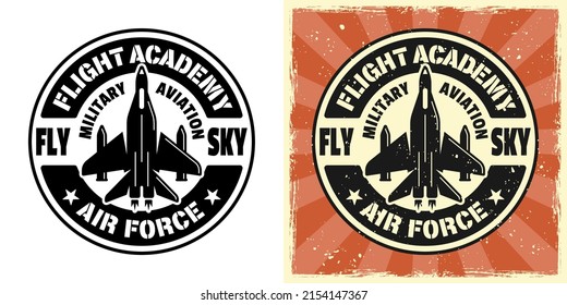 Flight academy vector emblem, badge, label, logo or t-shirt print. Two styles monochrome and vintage colored with removable grunge textures