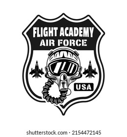 Flight academy vector emblem, badge, label, logo or t-shirt print with pilot helmet in monochrome vintage style isolated on white background
