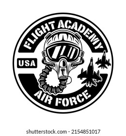 Flight academy vector round emblem, badge, label, logo or t-shirt print with pilot helmet in monochrome vintage style isolated on white background