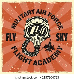 Flight academy vector round emblem, badge, label, logo or t-shirt print with pilot helmet in colored vintage style on background with removable grunge textures