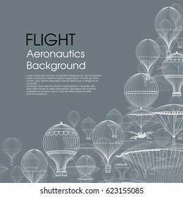 FLIGHT Aeronautics . Vintage hot air balloons floating in the sky. Trendy background. Monochrome in shades of blue