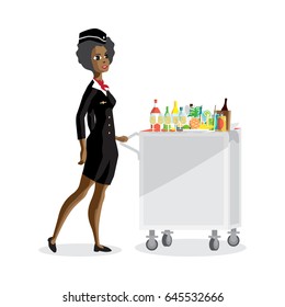 Flight afro attendant serving drinks to passengers on board of the aircraft. Vector flat cartoon illustration isolated
