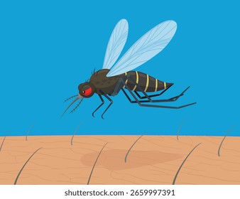 Flight of an aggressive mosquito over human skin in cartoon style