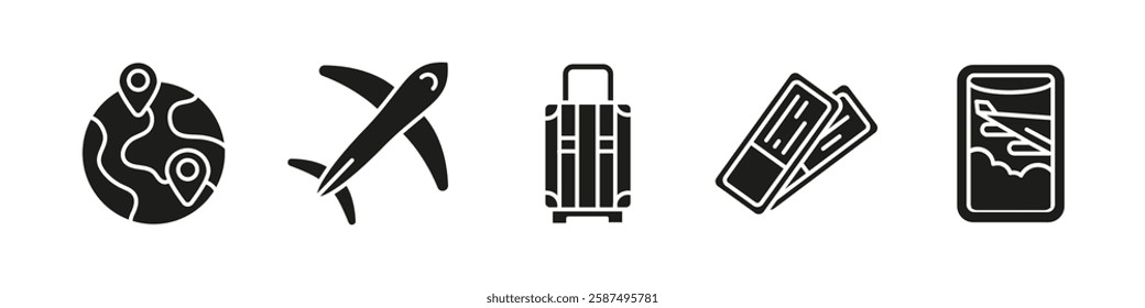 Flight air travel icon set black. Airplane, ticket and baggage vector illustration silhouette. Airport departure and arrival glyph concept. Tourism, vacation and transportation symbols.