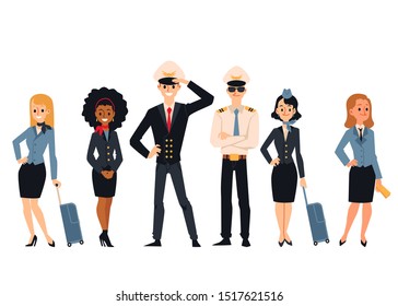 Flight aircraft crew members or staff - captain, pilot and air hostesses or stewardesses cartoon characters flat vector illustrations set isolated on white background.