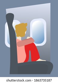 Flight in a airplane. A child sits in a airplane seat and looks at the window. Vector illustration