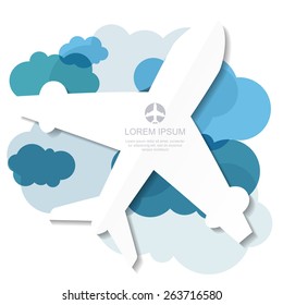 Flight airplane silhouette and blue clouds background. Vector illustration, modern template design with place for text. Travel around the world concept.