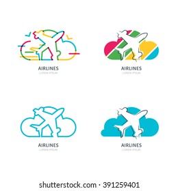 Flight airplane silhouette and cloud. Set of vector flat and outline logo, icons, emblems or labels design elements. Travel agency, airlines, sale tickets concept. 