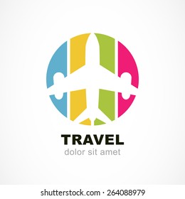 Flight airplane silhouette and colorful stripe background. Travel around the world concept. Abstract vector logo design template.