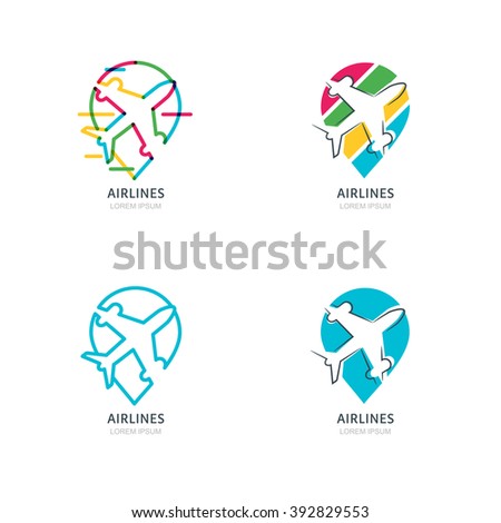 Flight airplane silhouette and waypoint symbol. Set of vector flat and outline logo, emblems or labels design elements. Map point icons. Travel agency, airlines, sale tickets concept. 