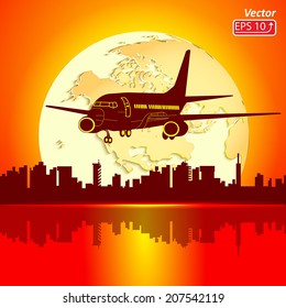 flight airplane sunset red orange abstract background with silhouette of city sea yellow planet earth vector