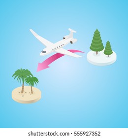 Flight of airplane from Winter Island to Tropical Island. Pink arrow. Conceptual idea design. Isometric vector illustration.