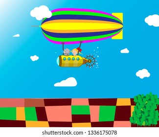 Flight of the airship in the sky above the fields. Creative illustration.