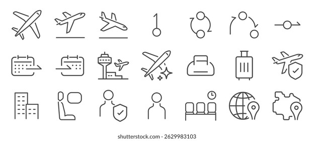 The Flight app icon set. It includes aviation, app, plane, airline, air transport and more icons. Editable Vector Stroke.