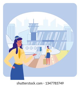 Flight Attendant in Airport Vector Illustration. Stewardess with Suitcase. Colleagues. Airlines. Aircrew Members. Female Character in Professional Uniform. Terminal, Departure Lounge. Modern Cityscape