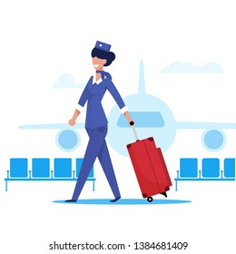 Flight Attendant in Background an Airplane Flat. Beautiful Stewardess Girl Carries Luggage on Aircraft. Airport Terminal on White Background. Woman in Uniform Smiles and Carries Suitcase.