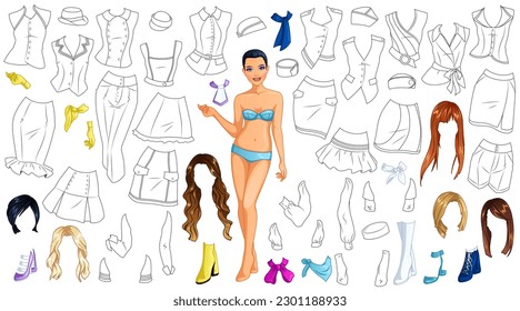 Flight Attendant Coloring Paper Doll with Clothes, Caps, Hairstyles and Accessories. Vector Illustration